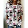 Women's Geometric Block Print Drawstring Button Up Blouse, Casual Round Neck Tops for Spring Summer Daily Vacation Wear