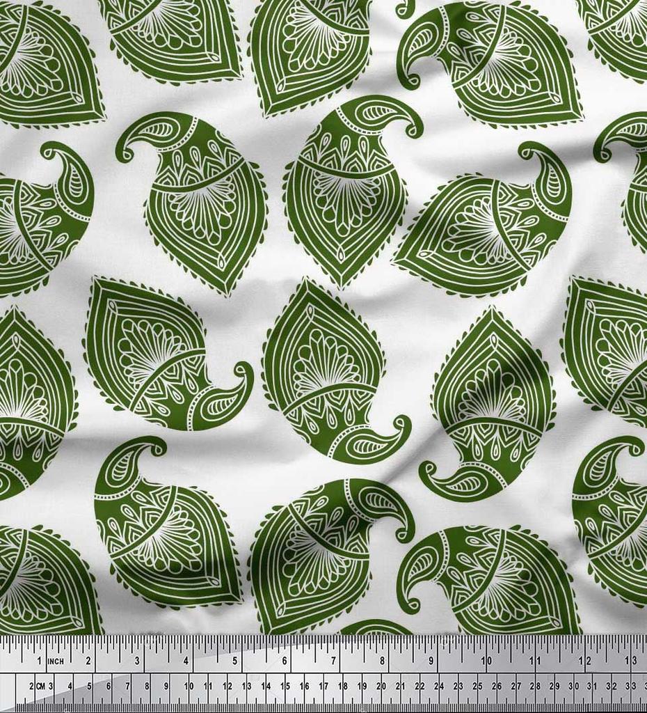 Soimoi Blue Japan Crepe Satin Fabric Green Paisley Printed Craft Fabric by the metre 42 Inch