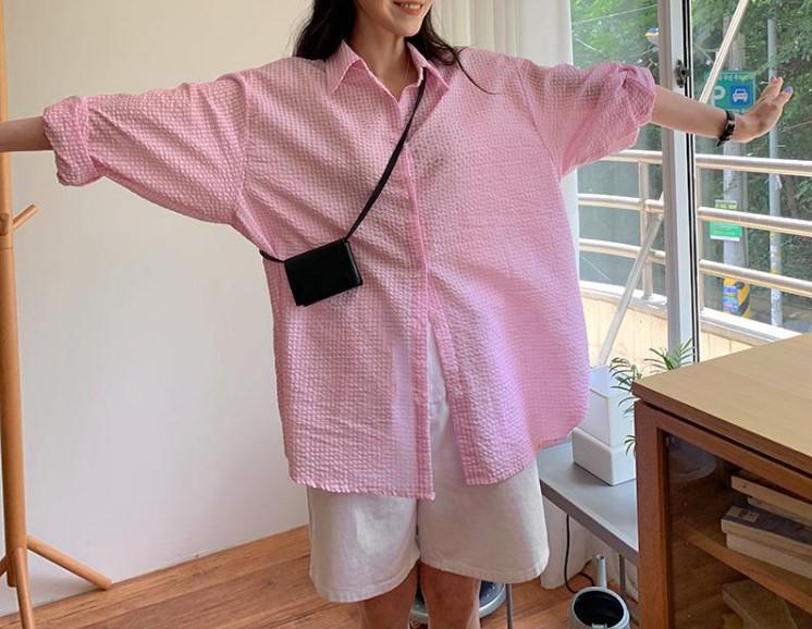 2026 Pink Korean Style Plaid Loose Sun Protection Bubble Cotton Lapel Shirt for Women