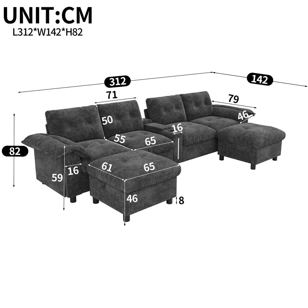 Modular 6-Seater Corner Sofa in U-/L-Shape with Two Movable Storage Stools, Center Console, Cup Holders, USB/Type-C and LED; Chenille Fabric, Grey