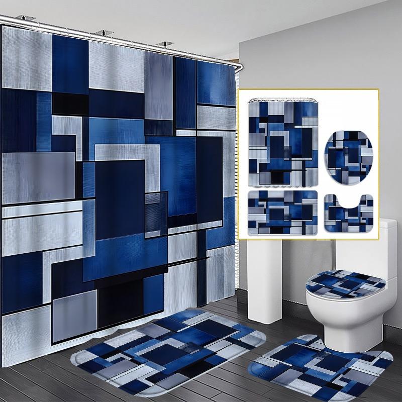 4Pcs No39 Shower Curtain Set with Non-Slip Bath Mat, Toilet Lid Cover, Contour Rug & 12 Hooks, Bathroom Decor