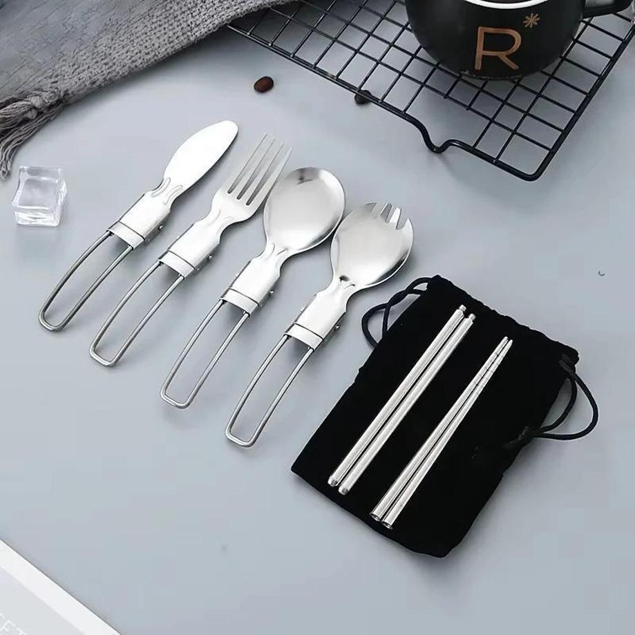 Creative Stainless Steel Folding Salad Spoon Fork Chopsticks Set Portable Outdoor Picnic Kitchen Tableware Household Supplies