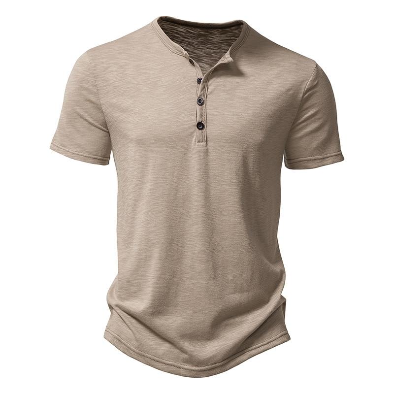King Billion Henley kraag zomer heren casual effen kleur korte mouw t-shirt voor heren polo heren katoenen heren t-shirts US L(70-80KG) kaki