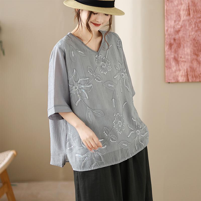 DIMANAF 2026 Große Größen Sommer Damen T-Shirts Lässige Damen Tops Tunikahemd Stickerei Floral Oversize Lockere T-Shirts