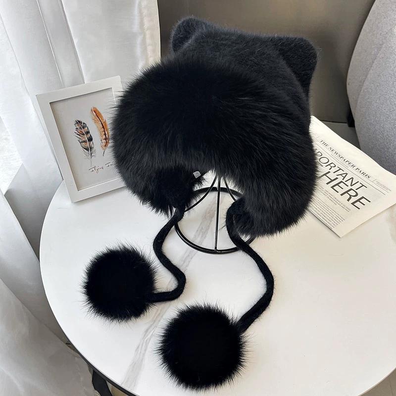 

Корейская версия новой шапки из лисьего меха женская осенне-зимняя милая вязаная шапка с мишкой теплая защита ушей меховая шапка показывает маленькое лицо average size, adjustable чёрный