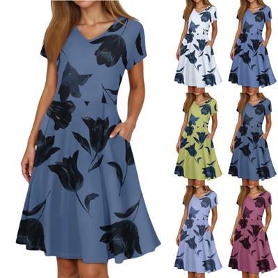 Ladies Summer Fashion Casual Floral Print V-Neck Short Sleeve Pocket Dress