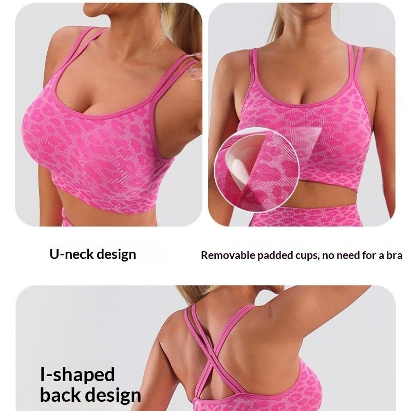Damsport-BH med sömlös stretch, leopardmönster, push-up, för yoga, sexig korsrygg, med vadderad kupa