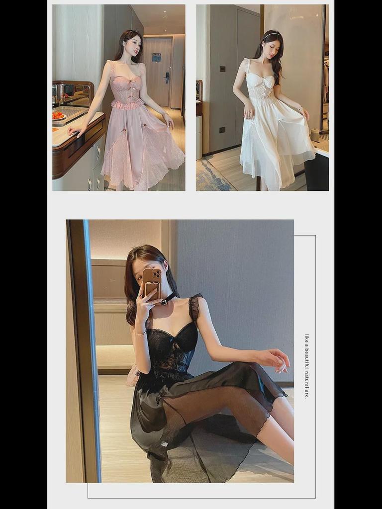 "Camisola de Noite Feminina de Renda de Seda Gelo com Busto Acolchoado - Sexy, Fina e Longa para Primavera e Outono"