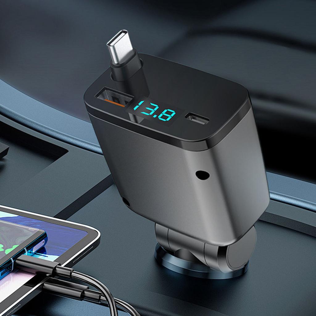 Retractable Car Charger, Fast Car Phone Charge, Type C Retractable Cables And 2 Ports Charger Adapter