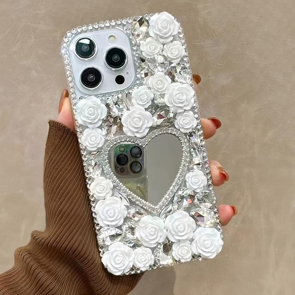 Glitter Rhinestone Phone Case with Heart Mirror and 3D Rose Flowers For Honor X60 Pro X50i X30 X50 X40 X30i 5G