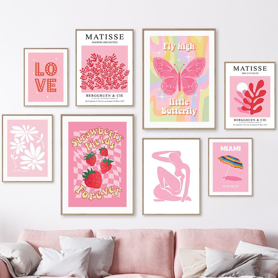 Ροζ Πεταλούδα Ματίς Κόκκινο Λουλούδι Παστέλ Αφηρημένη Τέχνη Τοίχου Καμβάς Ζωγραφική Αφίσες και Εκτυπώσεις Εικόνες Διακόσμηση Σαλονιού