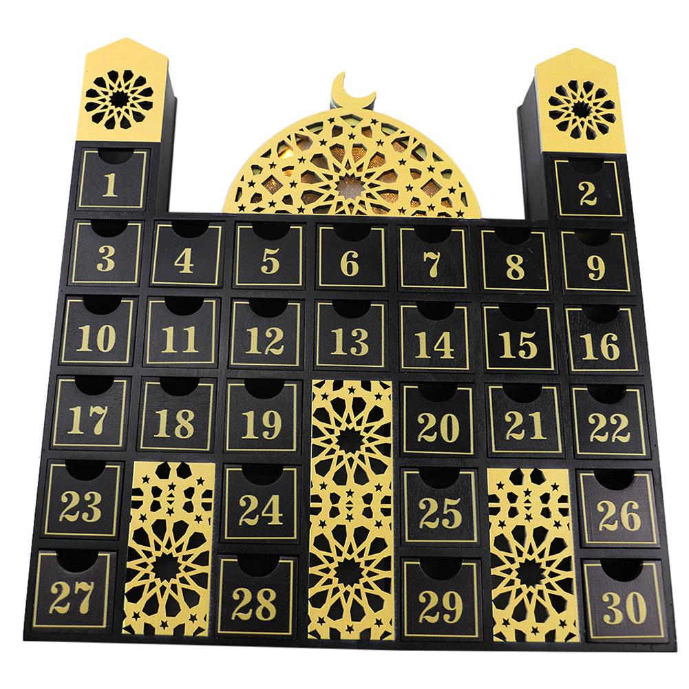 Schloss Ramadan Holz Countdown-Kalender DIY Adventskalender Holz Schublade Box Ornament mit LED-Licht für Eid Mubarak