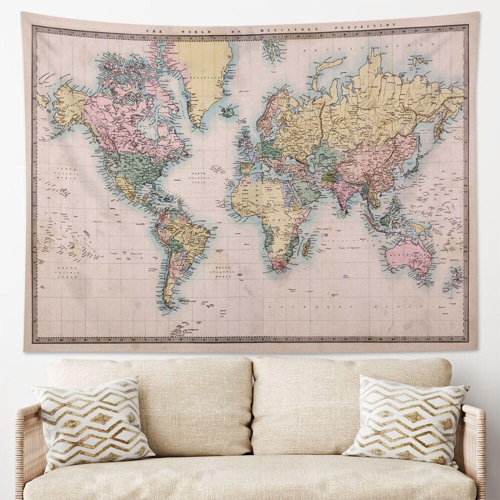 Tapestry Vintage Art Colorful World Map Wall Hanging for Living Room Bedroom 75x100 чёрный