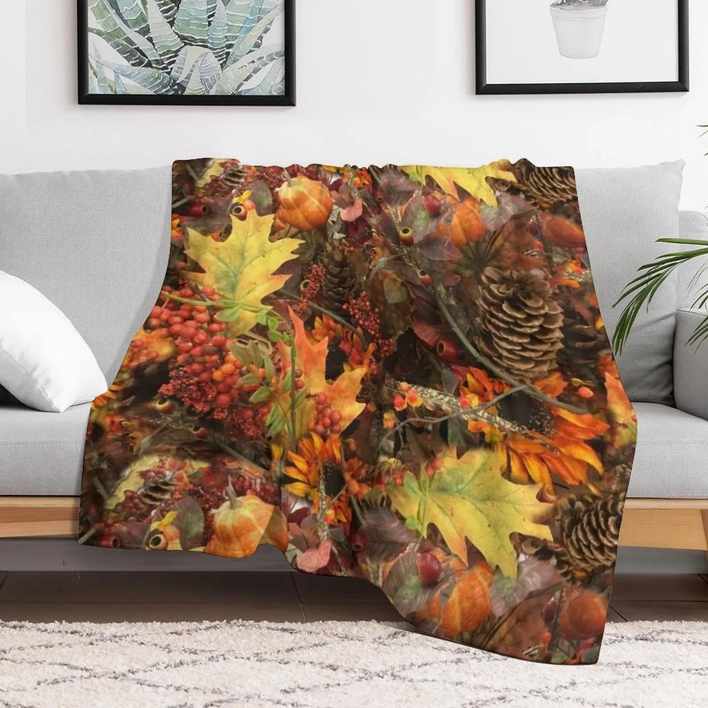 Autumn Pine Cones and Fall Leaves Throw Blanket Warm Flannel Blanket for Couch Chair Bedroom