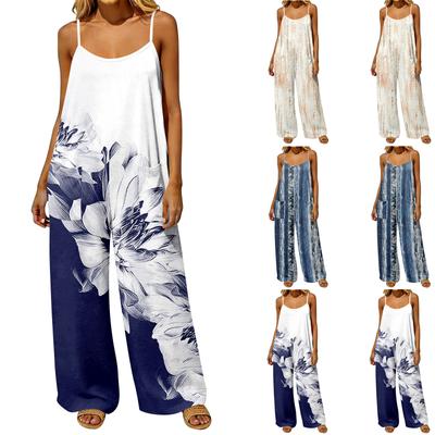 Women Casual Loose Fit Retro Floral Print Wide Leg Jumpsuit Sleeveless Backless Cotton Blend Romper with Pockets