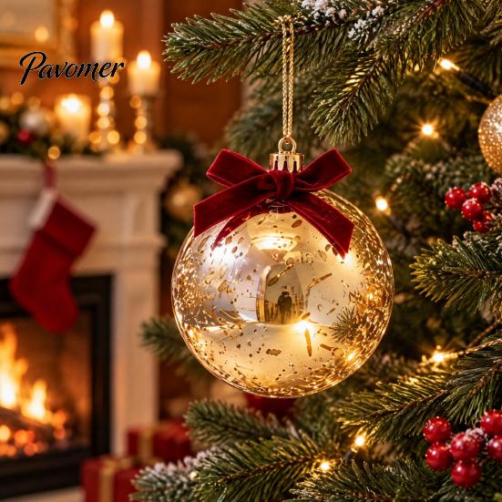 Lightweight Seasonal Decorations Christmas Ball Ornaments, Gold Xmas Tree Decoration with Velvet Bow, Luxury Bulbs Shatterproof Plastic Hanging