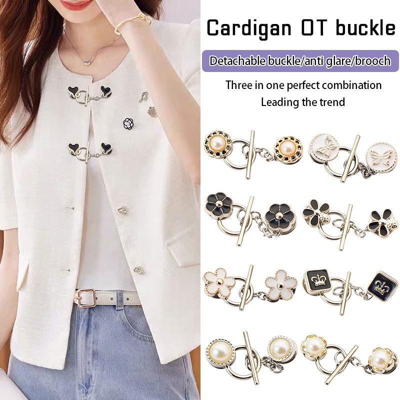 Anti-Light Brooches French Pearl Flowers Chain Brooch Removable Nail-Free Neckline Fixed Pin Coat Decorative Buckle