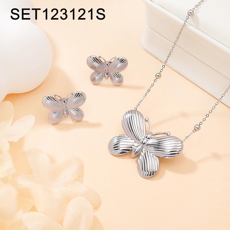 Gold and Silver-Plated Titanium Butterfly Pendant Necklace and Earring Set - Light Luxury Women's Jewelry Clavicle Chain