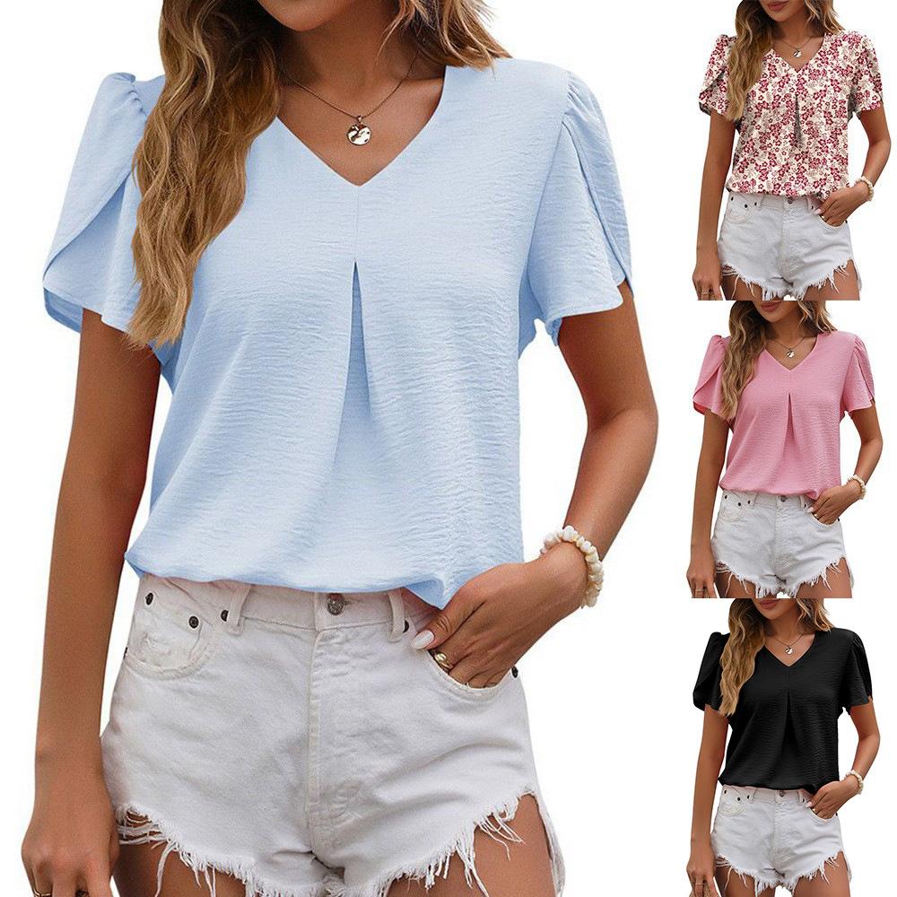 

Women s V-Neck Short Sleeve Blouse with Ruffled Shoulder Detail, Casual Tops in Blue, Pink Floral, Black, and Light Colors S