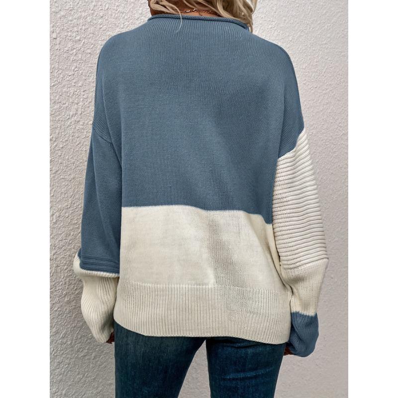 Womens Block Funnel Neck Pullover Sweater Soft High Elasticity Acrylic Knit Fabric Long Sleeve Drop Shoulder Design Perfect for Fall and Winter
