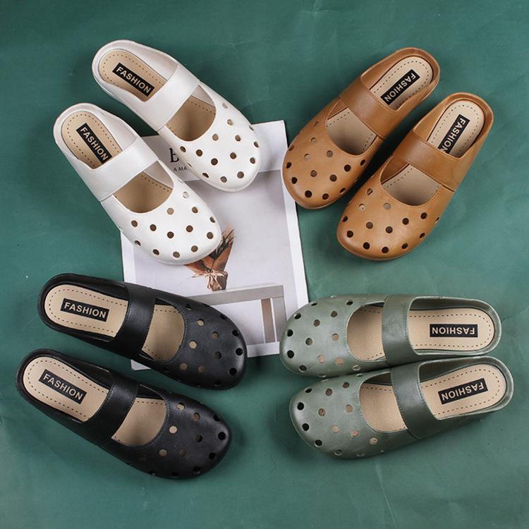 Heli Shark's New Fashion Bag Head Hollow Hole Shoes Flat Women's Spring and Summer Home Wear Casual Half Slippers