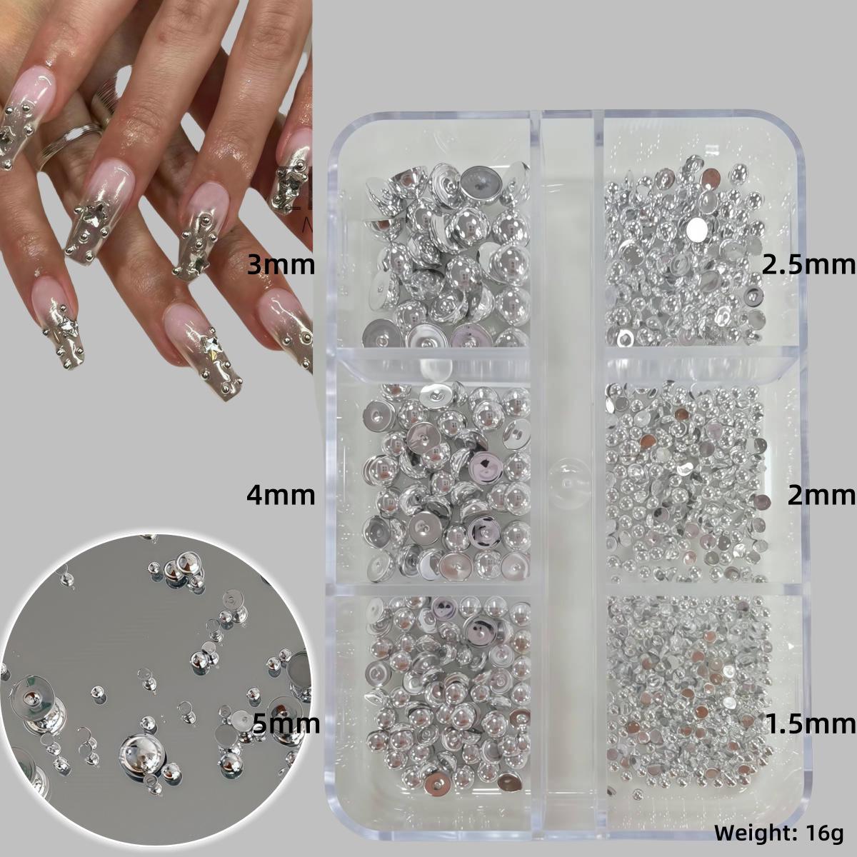 Gold & Silver Half Pearl Nail Art Decorations Set - 12 Mixed Size Grids