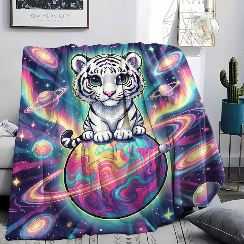 1Pc Planet Animals Print Flannel Blanket, High quality Comfortable for All Seasons, Home Decor, Warmth and Comfort, Perfect for Christmas Gifts
