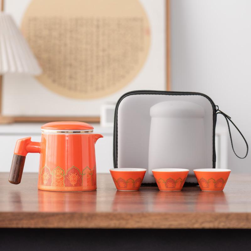 High-end Leather Bag Travel Kung Fu Tea Set Ceramic One Pot Three Four Six Cups Company Commemorative Gift
