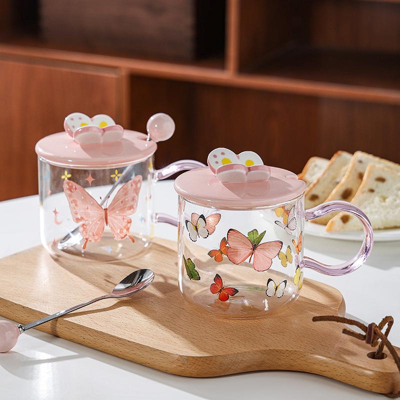 Butterfly Heat Resistant Glass Cup Breakfast Cup Gift Gift High value Pink Girl Heart Cup Cup Mug with Lid Spoon