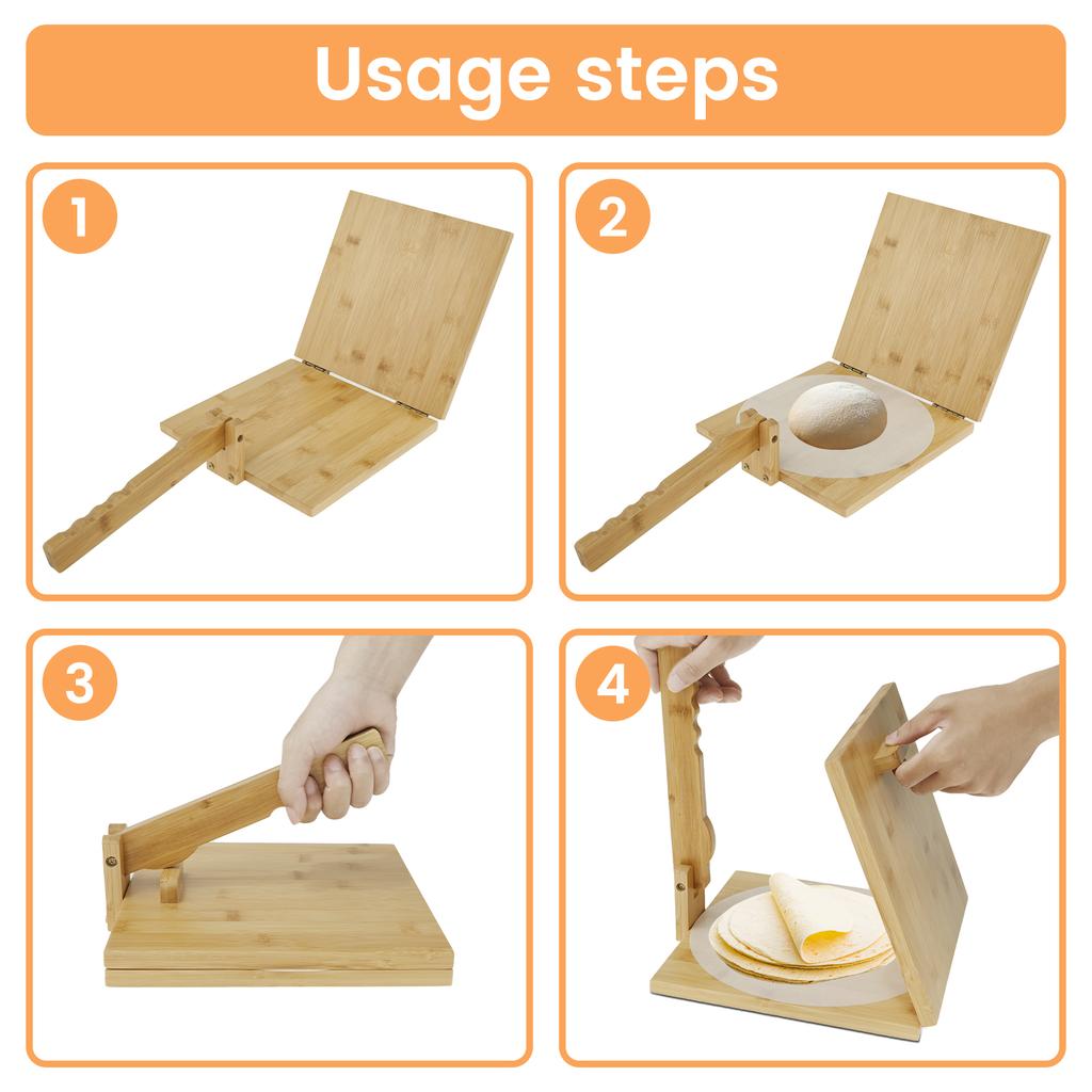Bamboo Tortilla Presser 10 Inch Manual Square Tortilla Maker with Rolling Pin Rotatable Mexican Tortillera Dough Pressing Tool