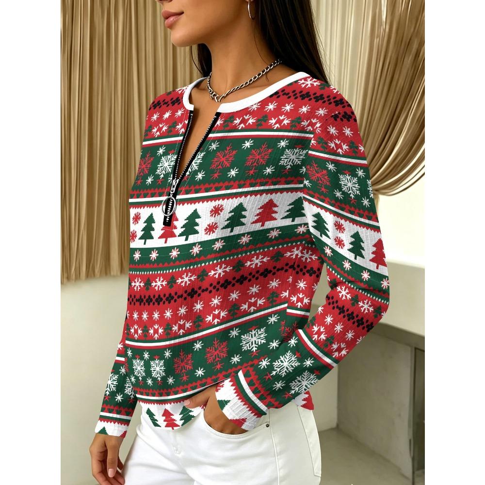 Women's Half Zipper Long Sleeve T-Shirt Christmas Style Pattern Printing Casual Daily Commuter