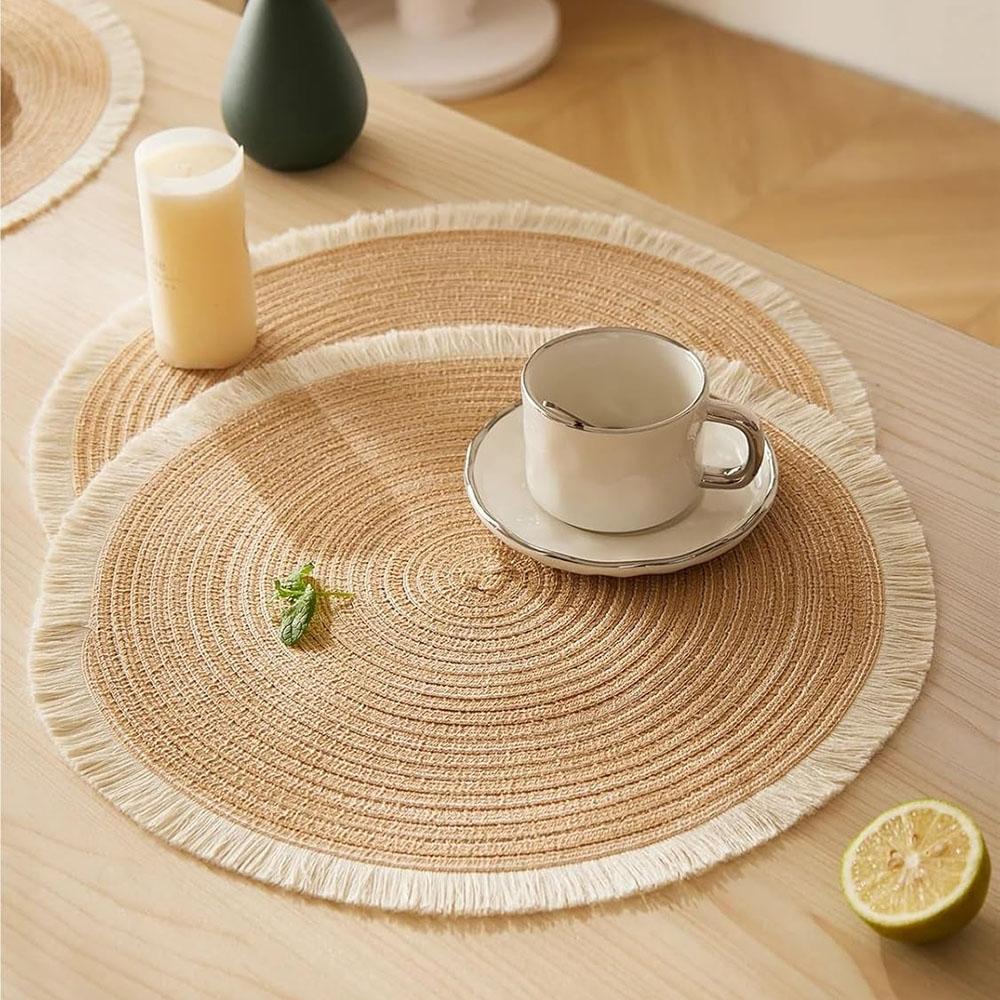 2/4/6pcs/set Hot Selling Fringe Eco-friendly Household Non-Slip Morden Style Table Woven Placemats Polyester Round Mat