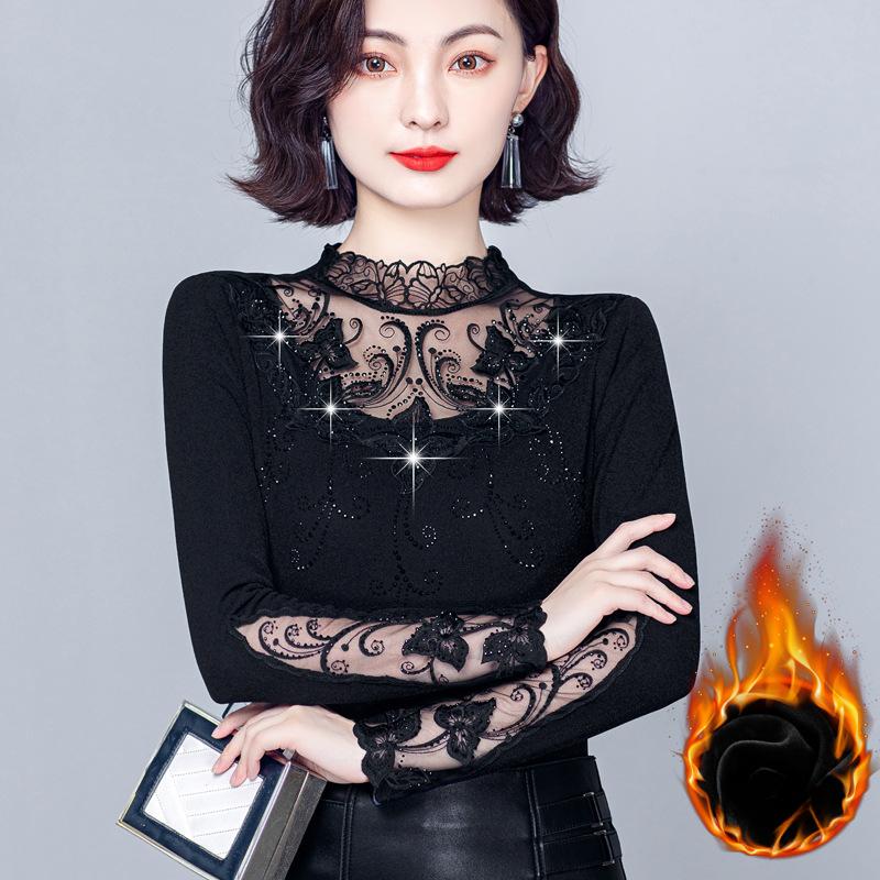 New Fashion Half-high Neck Lace Lace Lace Base Shirt for Autumn and Winter, Slim and Slim and Warm Long Sleeves