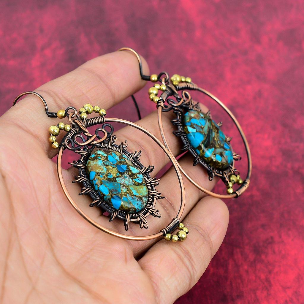 Kupfer Chrysokoll Ohrring Kupferdraht umwickelter Ohrring Handgemachte Edelsteinohrringe Kupferschmuck Zarter Ohrring Geschenke für sie Drahtschmuck
