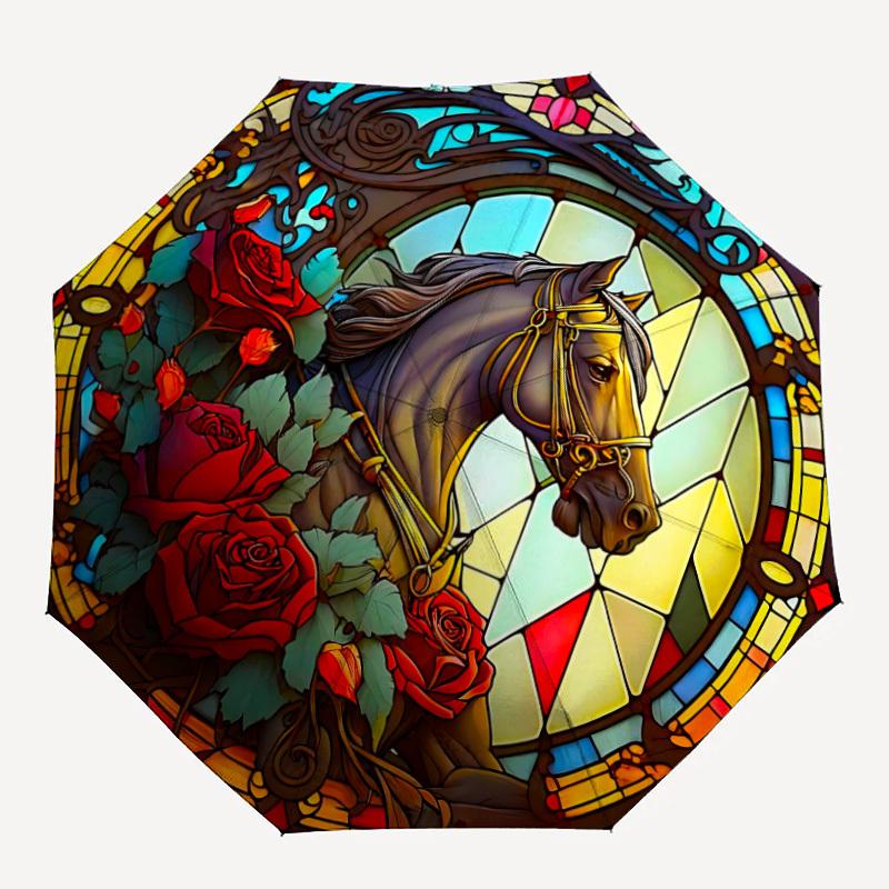 

1pc Stained Glass Horse Automatic Folding Umbrella, Lightweight Retractable Compact Travel Umbrella, 8-Rib Sturdy Frame115