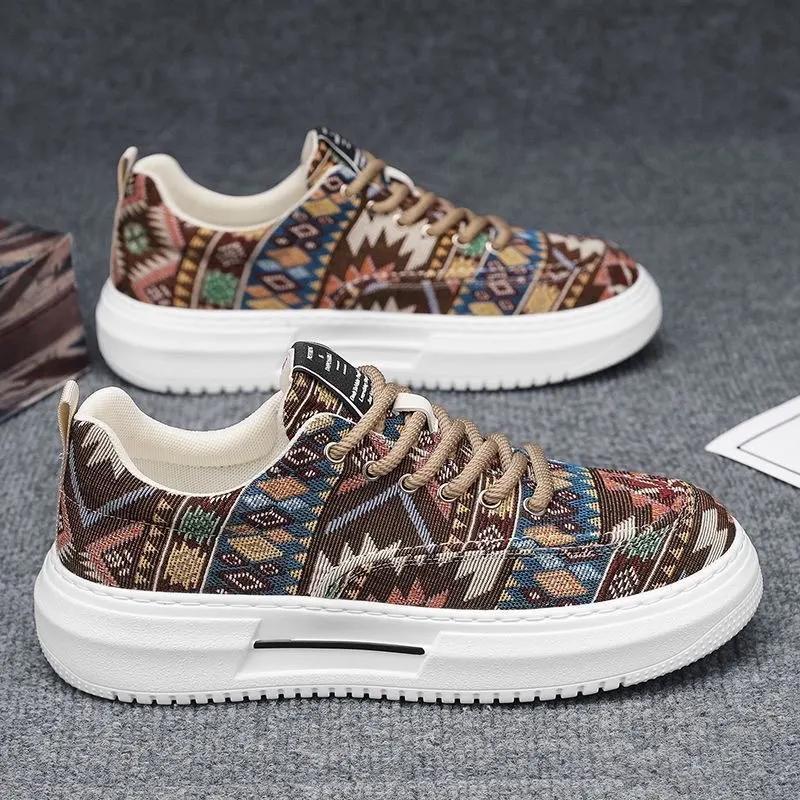 New Sneakers Casual Mens Designer Ethnic Style Board Shoes Fashion Fabric Breathable Increased Internal Flat Platform Shoes38-48