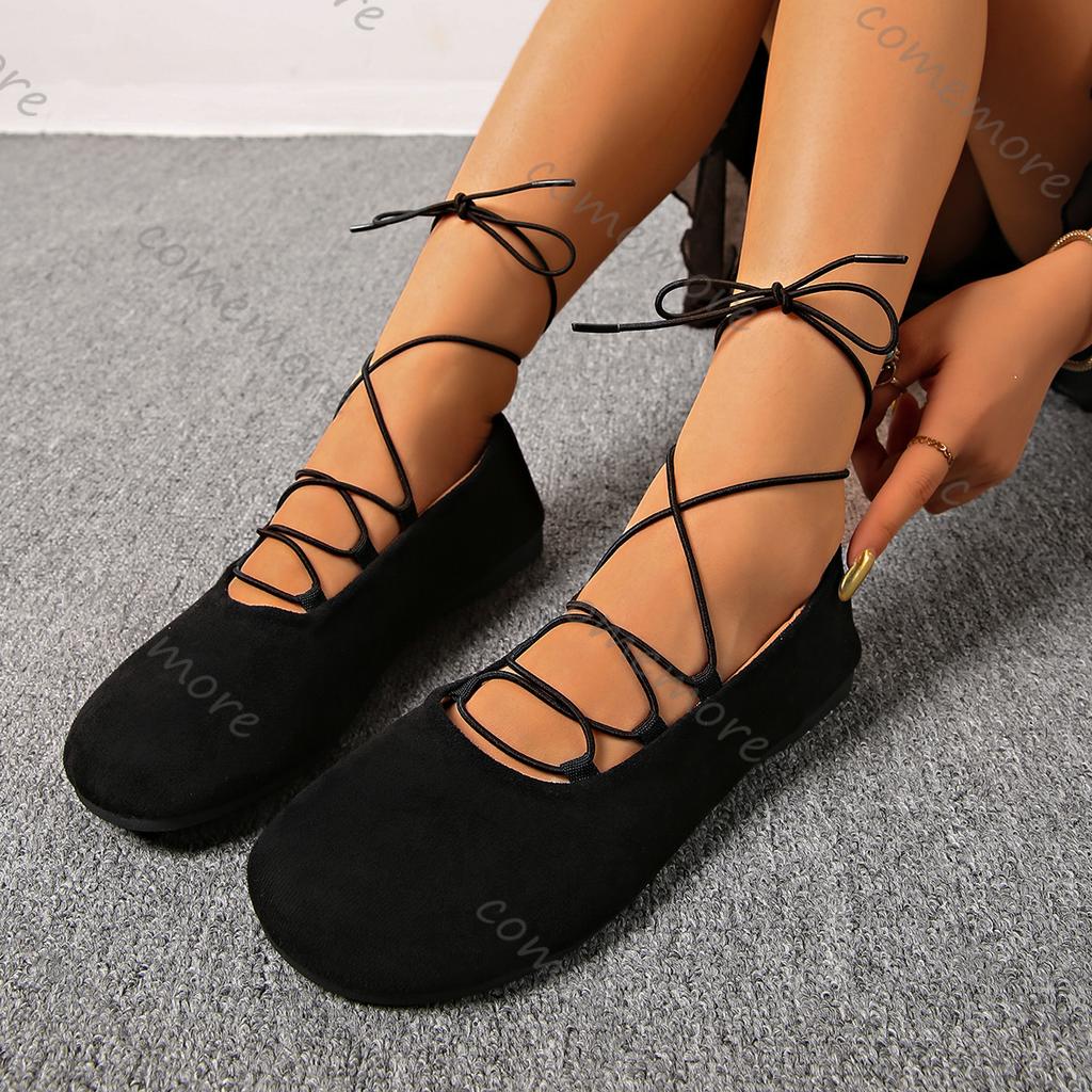 Fashion Comemore Women's Shoes Spring Autumn New Cross Strap Flats Casual Shallow Mouth Single Shoes Round Toe Anke Lace Up Flat Shoe