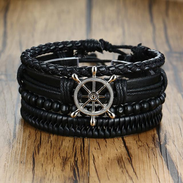 Vnox Mens Leather Bracelet Set ,Compass Life Tree Leaf Charm Bangle For Boys ,Black Vintage Punk Holiday Pu Wristband Gift