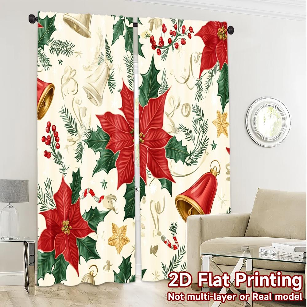 2pcs,Curtains Christmas Bells Poinsettia Holly (2) Popular Curtain Fabric Versatile Durable Polyester Curtains Versatile All Use