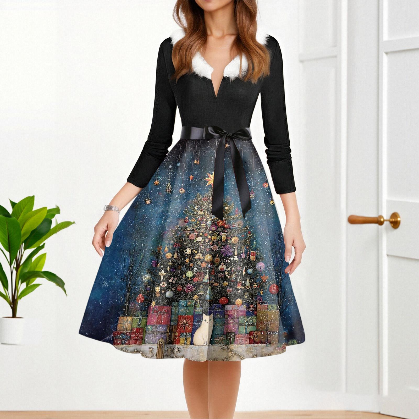 

Женское модное повседневное платье приталенного кроя с круглым вырезом, рождественским принтом и длинными рукавами XL