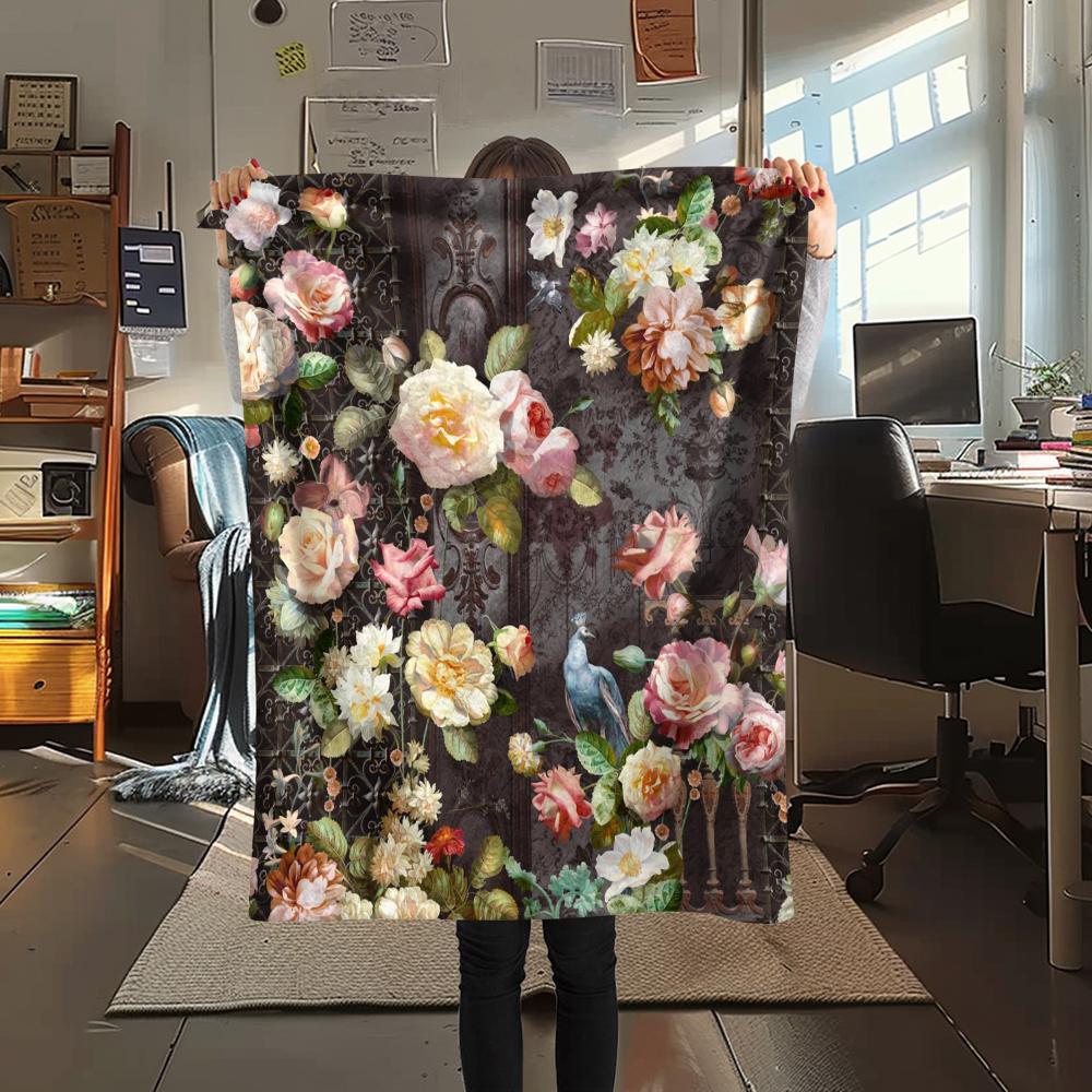 1Pc Vintage Floral Bird Print Flannel Blanket, High quality Comfortable for All Seasons, Home Decor, Warmth and Comfort, Perfect for Gifts