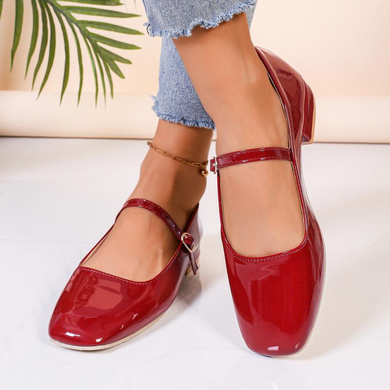 Solid color French retro square head one-button Mary Jane shoes patent leather flat-bottomed fairy wind ballet light mouth single shoes