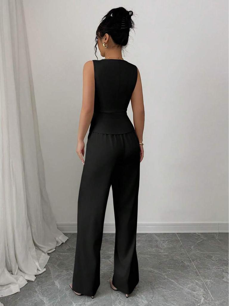 Black Elegant Women's Sleeveless Vest & Pants Set - Summer Two-Piece Fashion.