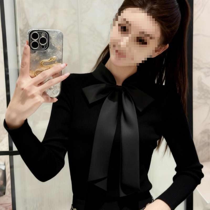 Korean Style Black Bow Stand Collar Slim Fit Long Sleeve Top for Women - Autumn/Winter Wear