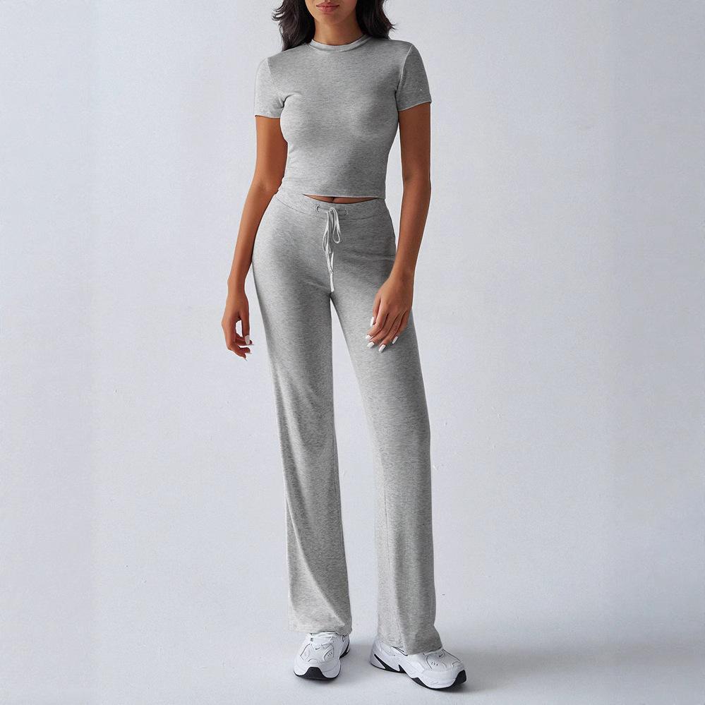 2025 European & American Women's Spring/Summer Solid Color Round Neck Set - Short Sleeve Top & Long Pants