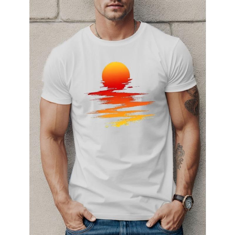 Europese Maat Heren Casual T-shirt met Ronde Hals en Geometrisch Zonpatroon, Polyester Gebreide Stof, Lichte Stretch, Normale Pasvorm, Zomer Top - 150gsm
