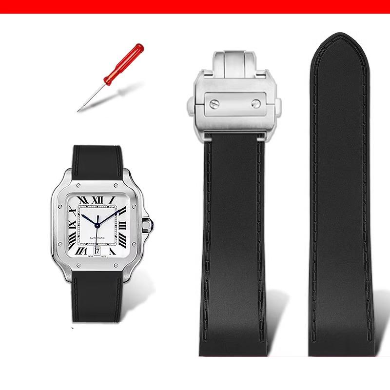 23mm 25m For Cartier santos100 Santos silicone rubber watch strap santos 100 Metal buckle watchband men Black blue soft bracelet