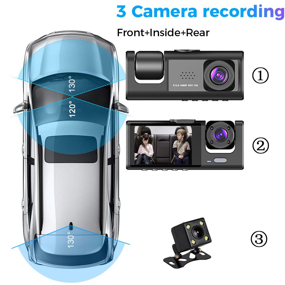 Bil DVR 3-kameraer Full HD 1080P Dual Lens Bil DVR-kamera 2,0 tommers IPS-skjerm Front Bakre opptaker Kamera