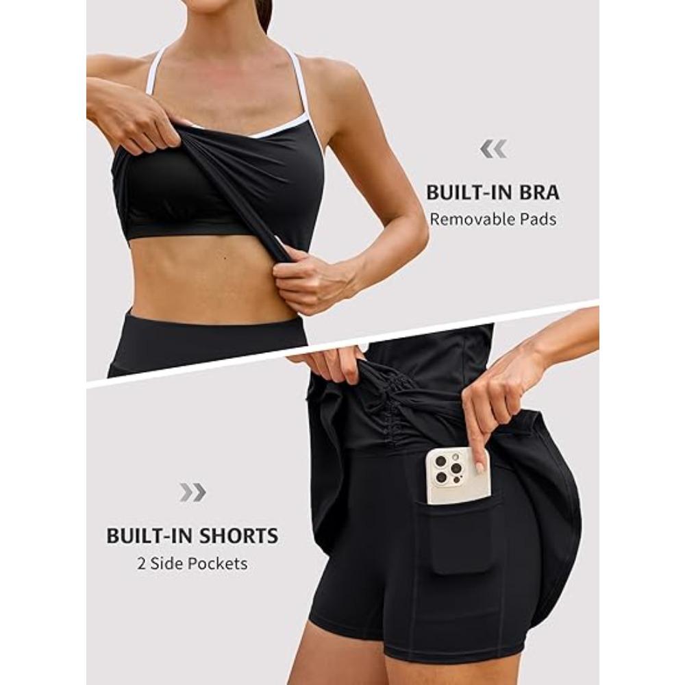 CHARMLEAKS Women Tennis Dress with Built-in Bra and Shorts Spaghetti Strap Sleeveless Golf Skirt Set