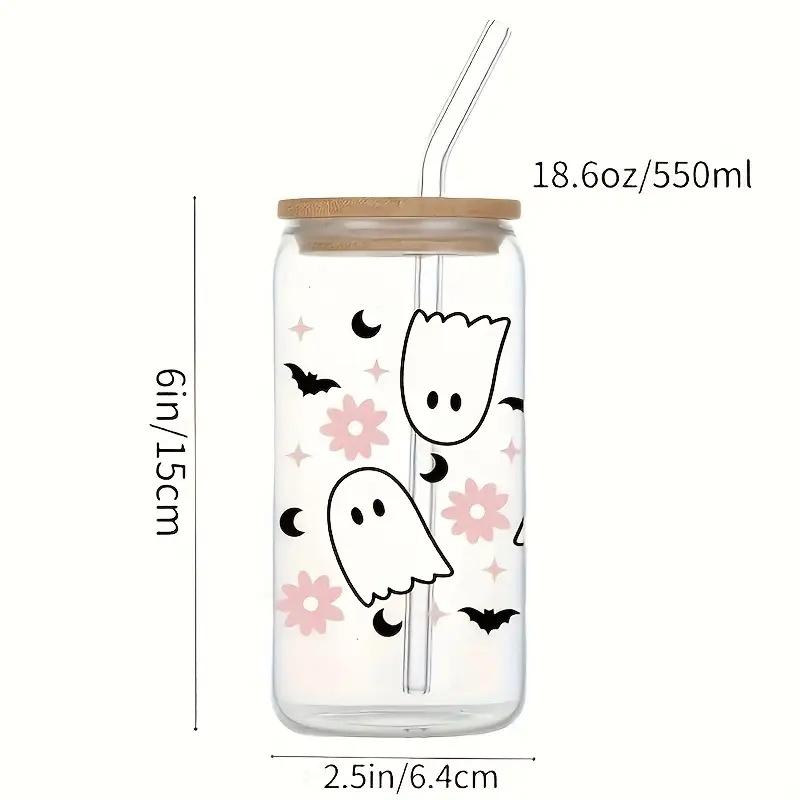 Halloween Drinking Cup with Lid and Straw 18.7oz/550ml Canned Glass Cup Cute Kawaii Coffee Cup Juice Water Cup Milk
